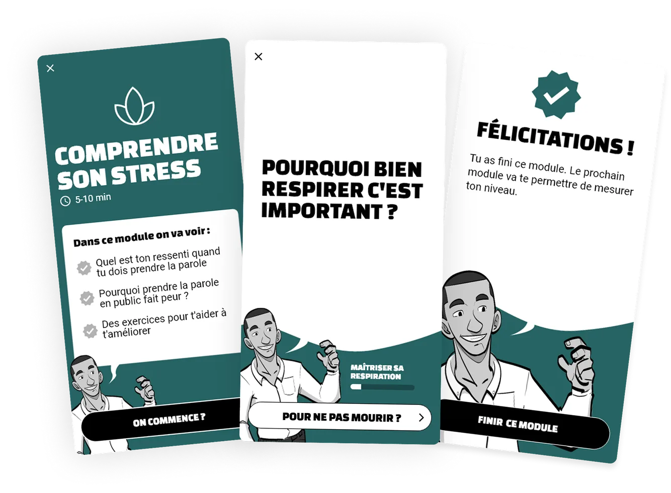 Trois écrans de Speechlab : le début d’un module, une explication et la fin du module, avec le coach illustré